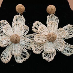 Handmade Raffia Flower Drop Earrings